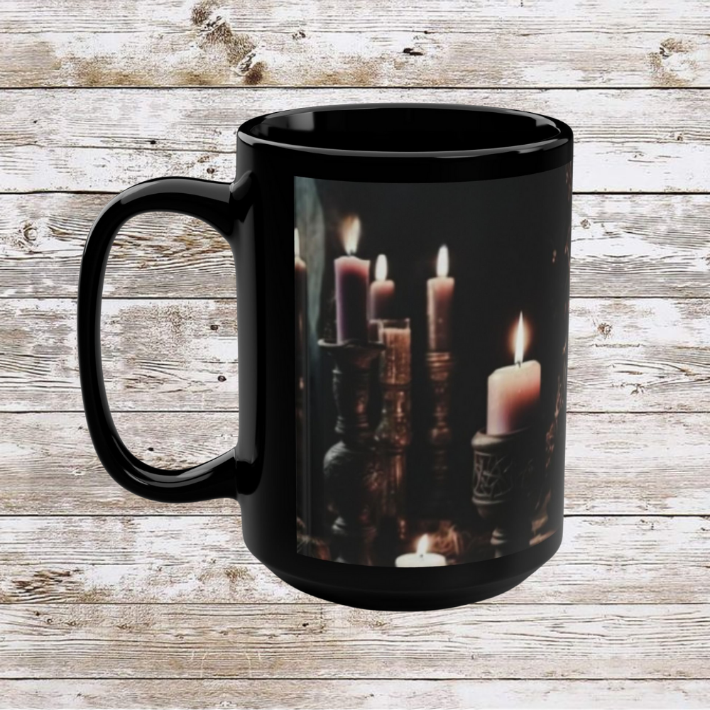 Dark Candles Coffee Mug, Ceramic Tea Cup, Hot Drinkware, Unique Gift Idea, Kitchen Decor - Black Mug, 15oz