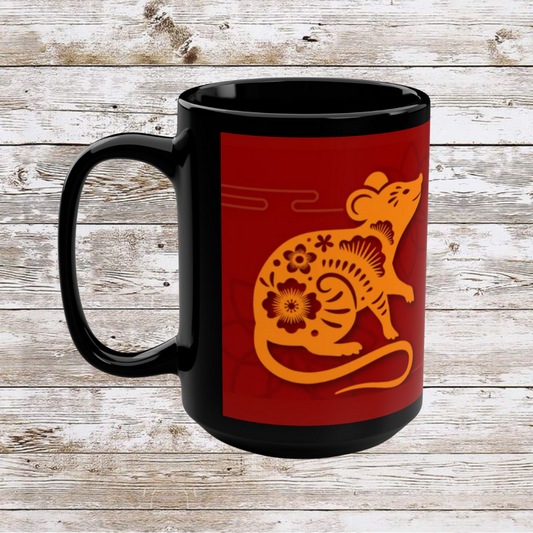 Chinese Zodiac Rat Mug, Reflection Gratitude Growth Black 15oz Cup, Astrology Gift, Lunar New Year Mug, Zodiac Animal Mug, Coffee Cup,