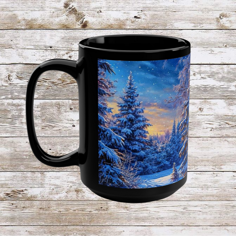 Winter Christmas Tree Black Mug - Coffee Cup, Tea Cup, Ceramic Cup, Unique Holiday Gift, 15oz Mug