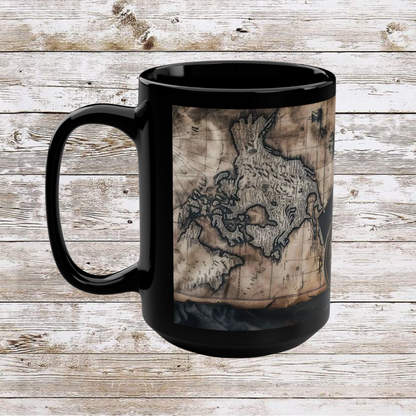 Compass and Pouch Black Mug, Thanksgiving Ceramic Cup, Cozy Home Gift, Seasonal Drinkware, Large Tea Mug, Black Coffee Cup