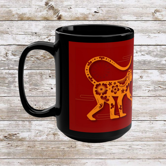 Chinese Zodiac Monkey Coffee Mug, Reflection Gratitude Growth Black 15oz Cup, Astrology Gift, Lunar New Year Mug, Zodiac Animal Mug