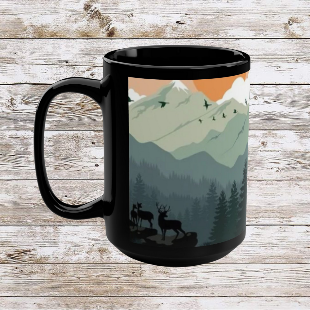 Mountain Hiking Theme Black Mug - Coffee Cup, Tea Cup, Ceramic Cup, Unique Holiday Gift, 15oz Mug