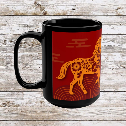 Chinese Zodiac Horse Coffee Mug, Reflection Gratitude Growth, Black Coffee Cup, 15oz Mug, Astrology Gift