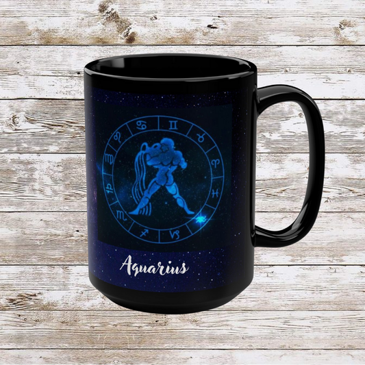 Aquarius Zodiac Mug, Astrology Gift Cup, Reflection Gratitude Lunar New Year Coffee Cup, Black Astro Gift, Zodiac Sign Mug, 15 oz