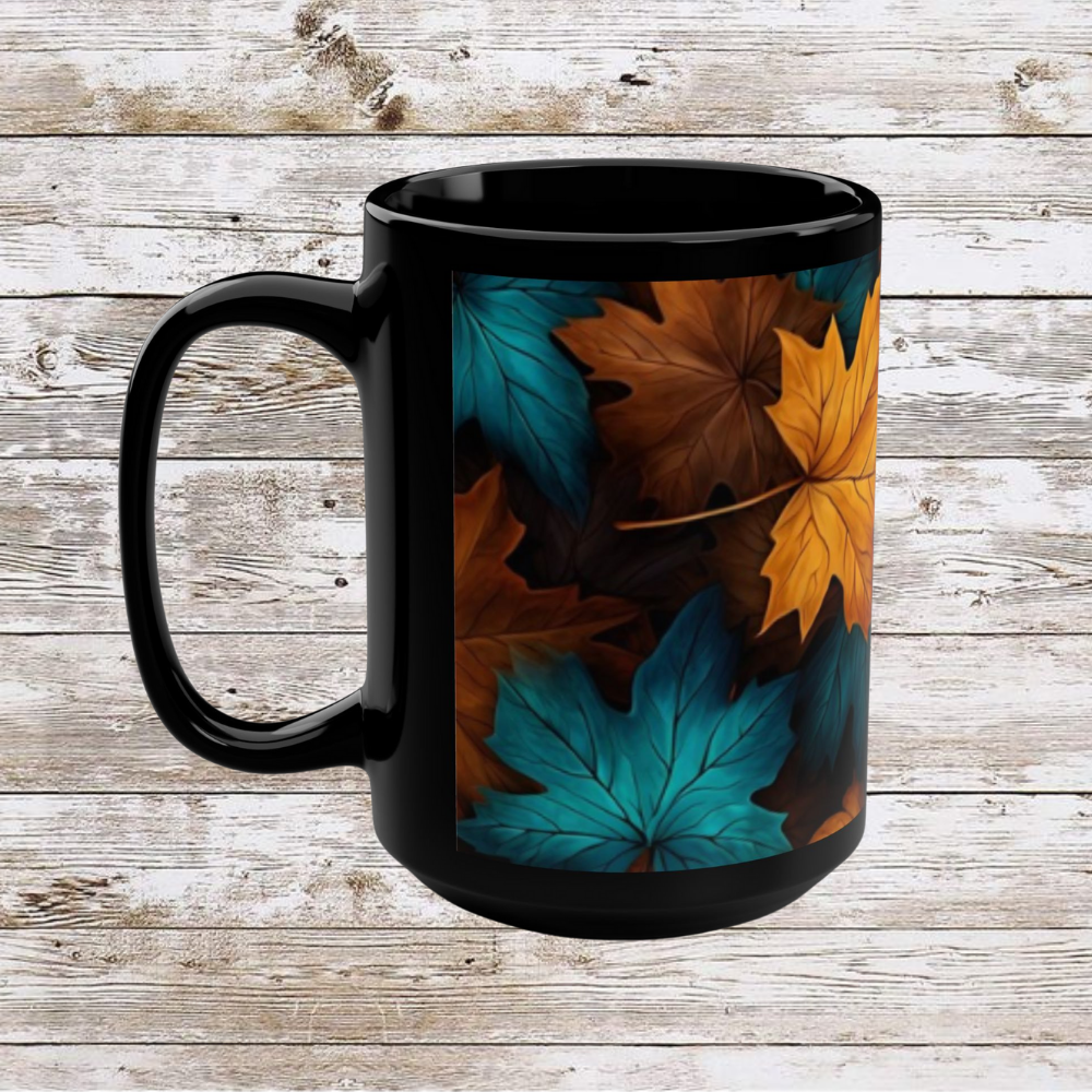 Blue and Orange Leaf Fall Decor Coffee Cup, Cozy Home Gift, Thanksgiving Ceramic 15oz