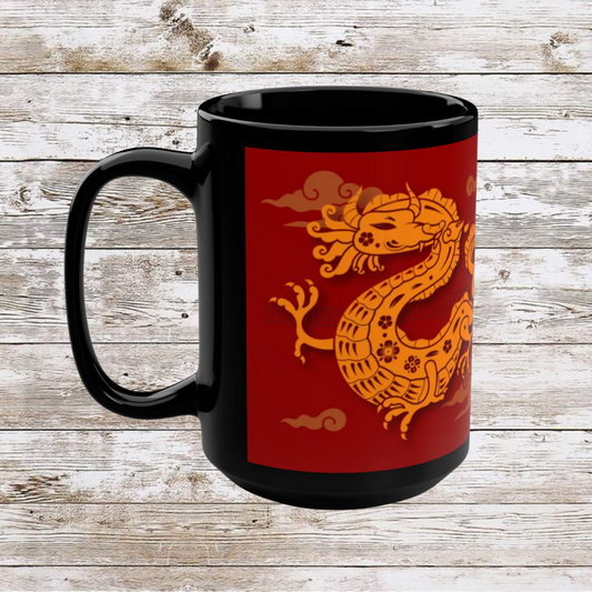 Chinese Zodiac Dragon Coffee Mug, Reflection Gratitude Growth, Black Coffee Cup, 15oz Mug, Astrology Gift