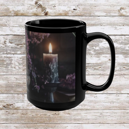 Candle and Stones Unique Tea Cup, Coffee Lover Mug, Hot Drink Gift Idea Black Mug, 15oz