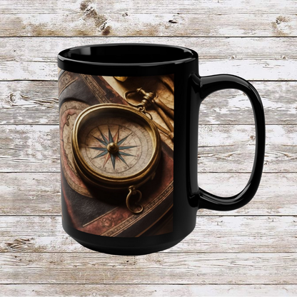 Compass and Book Black Mug, Thanksgiving Ceramic Cup, Cozy Home Gift, Seasonal Drinkware, Large Tea Mug, Black Coffee Cup
