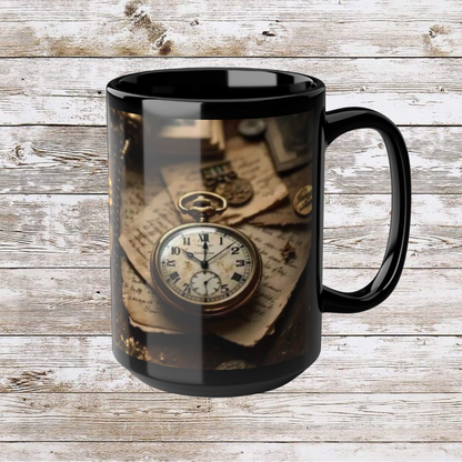 Clock and Papers Design, Thanksgiving Ceramic Cup, Cozy Home Gift, Seasonal Drinkware, Black Coffee Cup, Large Tea Mug