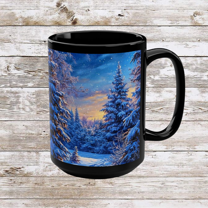 Winter Christmas Tree Black Mug - Coffee Cup, Tea Cup, Ceramic Cup, Unique Holiday Gift, 15oz Mug