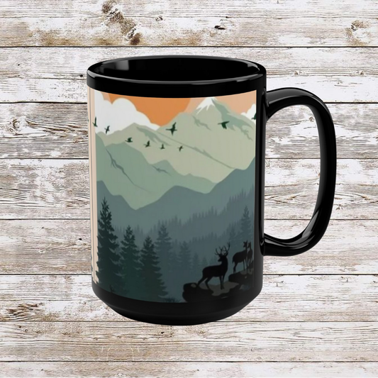 Mountain Hiking Theme Black Mug - Coffee Cup, Tea Cup, Ceramic Cup, Unique Holiday Gift, 15oz Mug