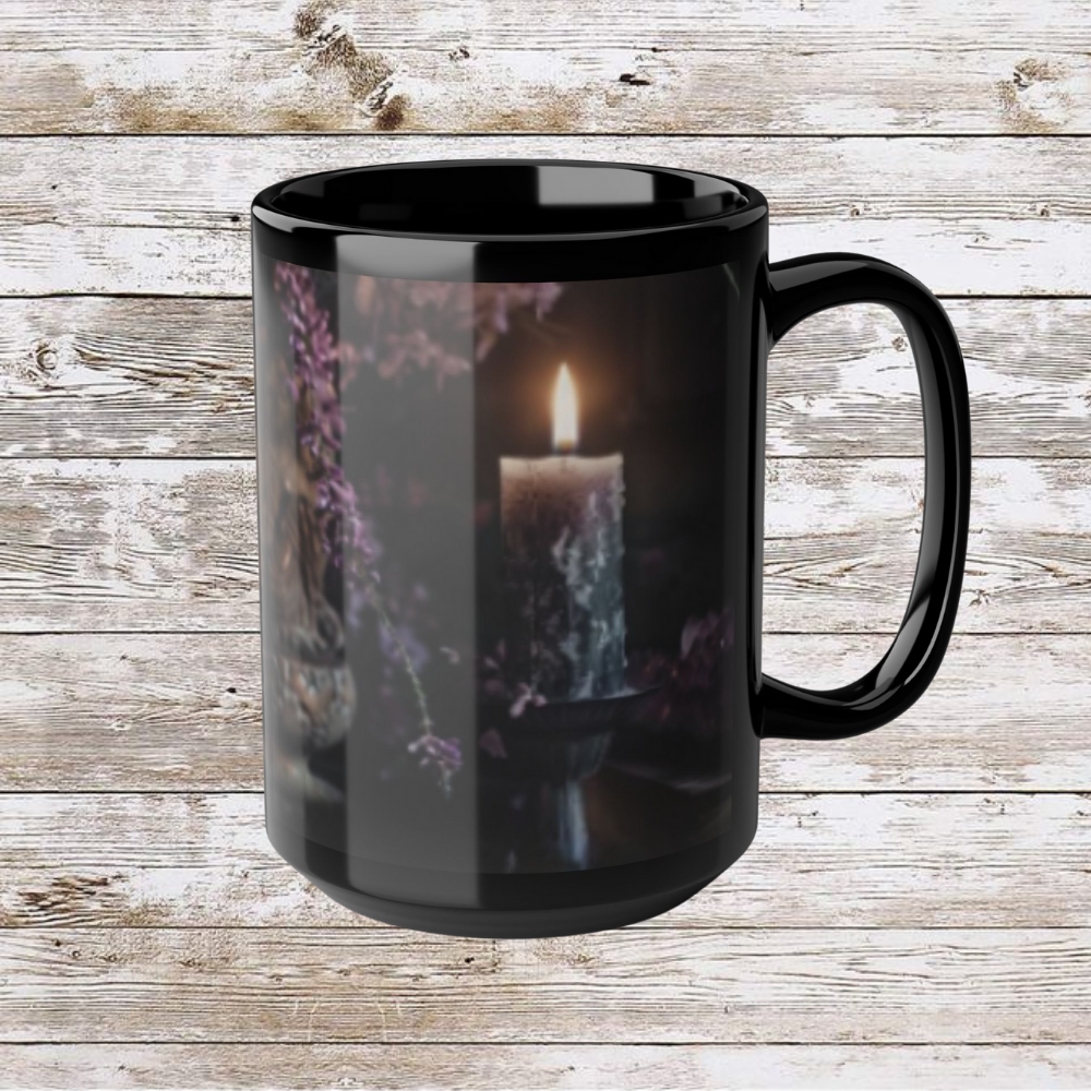 Candle and Stones Unique Tea Cup, Coffee Lover Mug, Hot Drink Gift Idea Black Mug, 15oz