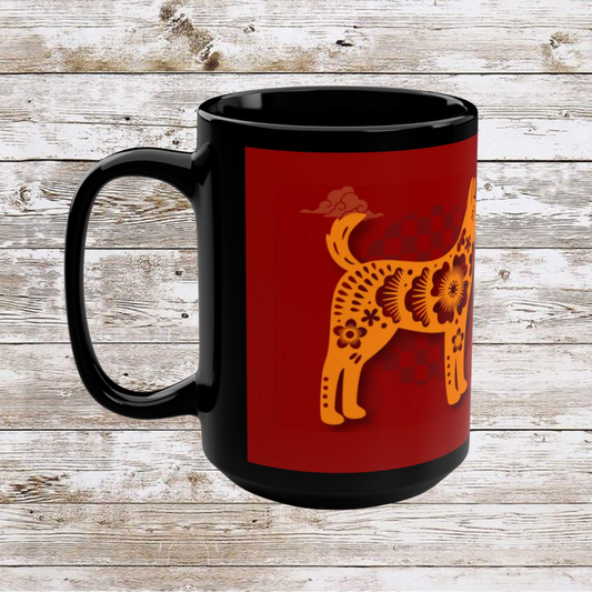 Chinese Zodiac Dog Coffee Mug, Reflection Gratitude Growth Black 15oz Cup, Astrology Gift, Lunar New Year Mug, Zodiac Animal Mug
