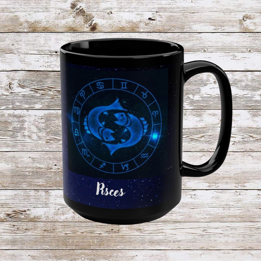 Pisces Zodiac Mug, Astrology Gift Cup, Reflection Gratitude Lunar New Year Coffee Cup, Black, 15oz
