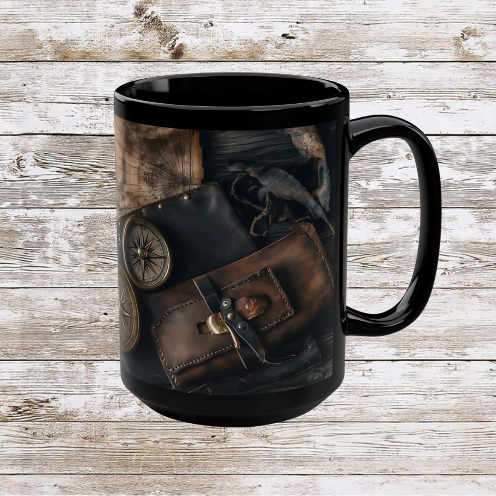 Compass and Pouch Black Mug, Thanksgiving Ceramic Cup, Cozy Home Gift, Seasonal Drinkware, Large Tea Mug, Black Coffee Cup