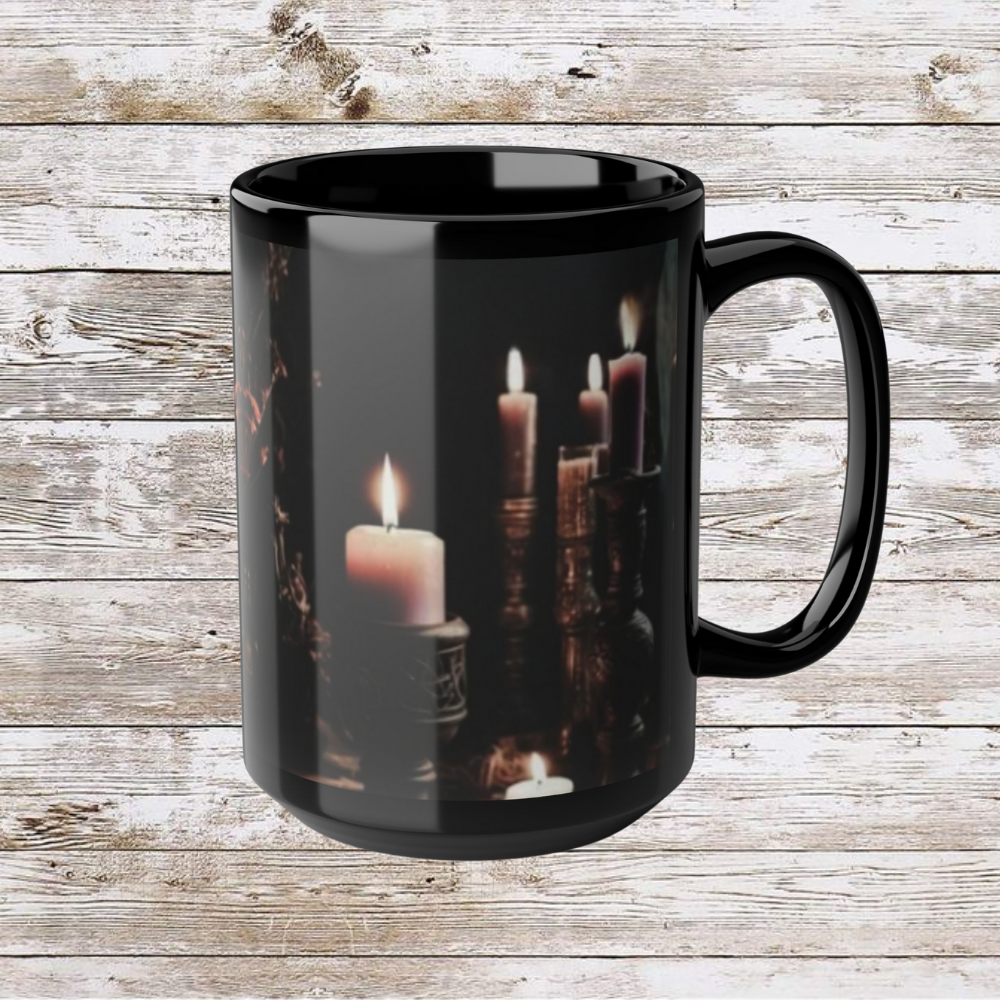 Dark Candles Coffee Mug, Ceramic Tea Cup, Hot Drinkware, Unique Gift Idea, Kitchen Decor - Black Mug, 15oz
