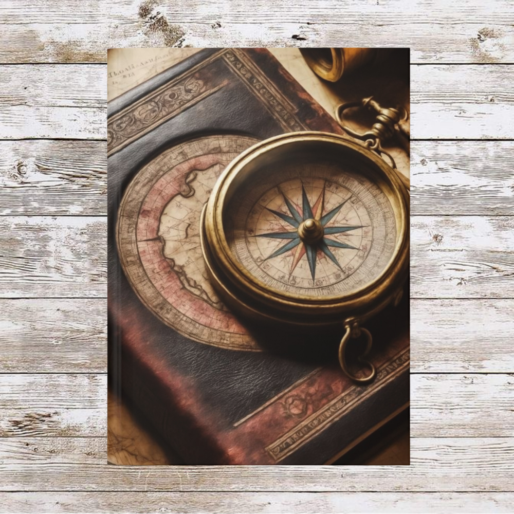 Compass and Book Daily Journal - Matte Hardcover Journal, Planner, Personal Growth Gift, Traveler's Notebook, Bullet Journal, Organizer