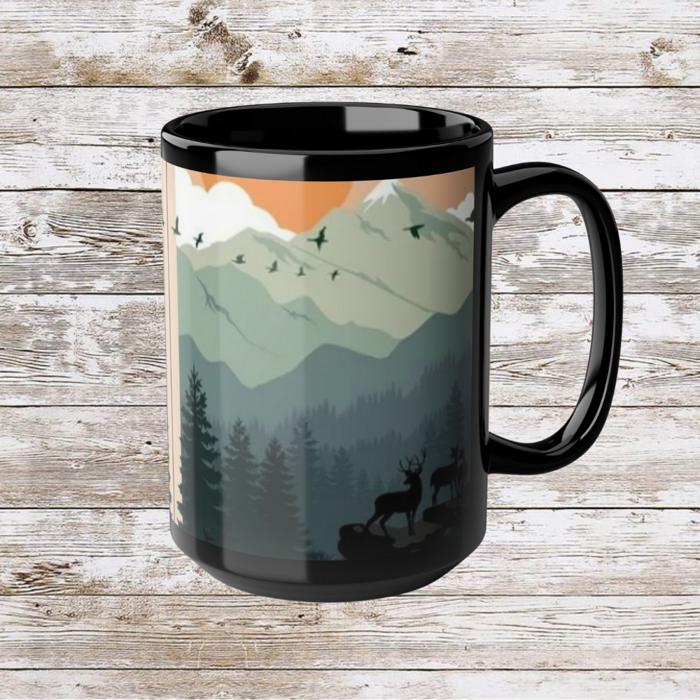 Mountain Hiking Theme Black Mug - Coffee Cup, Tea Cup, Ceramic Cup, Unique Holiday Gift, 15oz Mug