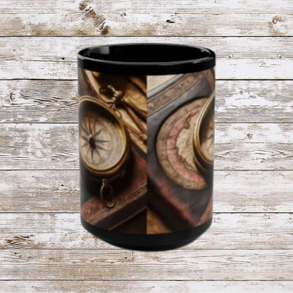 Compass and Book Black Mug, Thanksgiving Ceramic Cup, Cozy Home Gift, Seasonal Drinkware, Large Tea Mug, Black Coffee Cup
