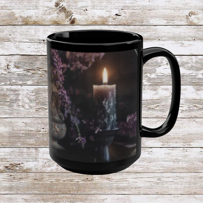 Candle and Stones Unique Tea Cup, Coffee Lover Mug, Hot Drink Gift Idea Black Mug, 15oz