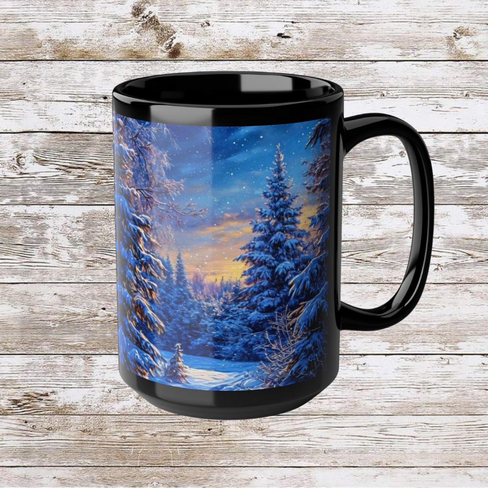 Winter Christmas Tree Black Mug - Coffee Cup, Tea Cup, Ceramic Cup, Unique Holiday Gift, 15oz Mug