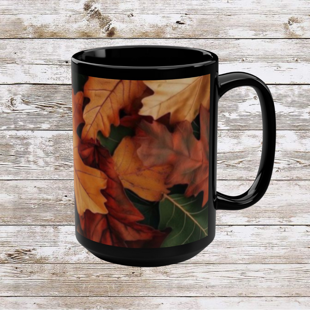 Fall Leaves Black Mug | 15oz Seasonal Coffee Cup, Fall Decor, Cozy Home Gift for Friends and Family, Thanksgiving Ceramic Mug