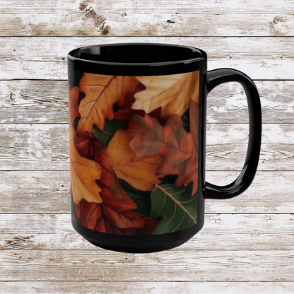 Fall Leaves Black Mug | 15oz Seasonal Coffee Cup, Fall Decor, Cozy Home Gift for Friends and Family, Thanksgiving Ceramic Mug