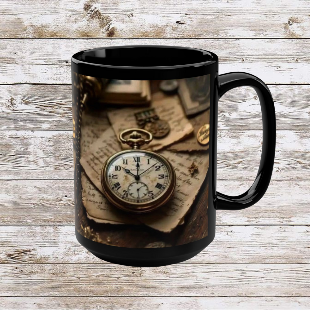 Clock and Papers Design, Thanksgiving Ceramic Cup, Cozy Home Gift, Seasonal Drinkware, Black Coffee Cup, Large Tea Mug