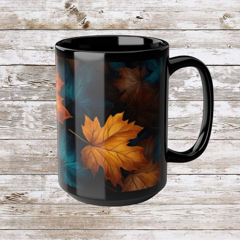 Blue and Orange Leaf Fall Decor Coffee Cup, Cozy Home Gift, Thanksgiving Ceramic 15oz