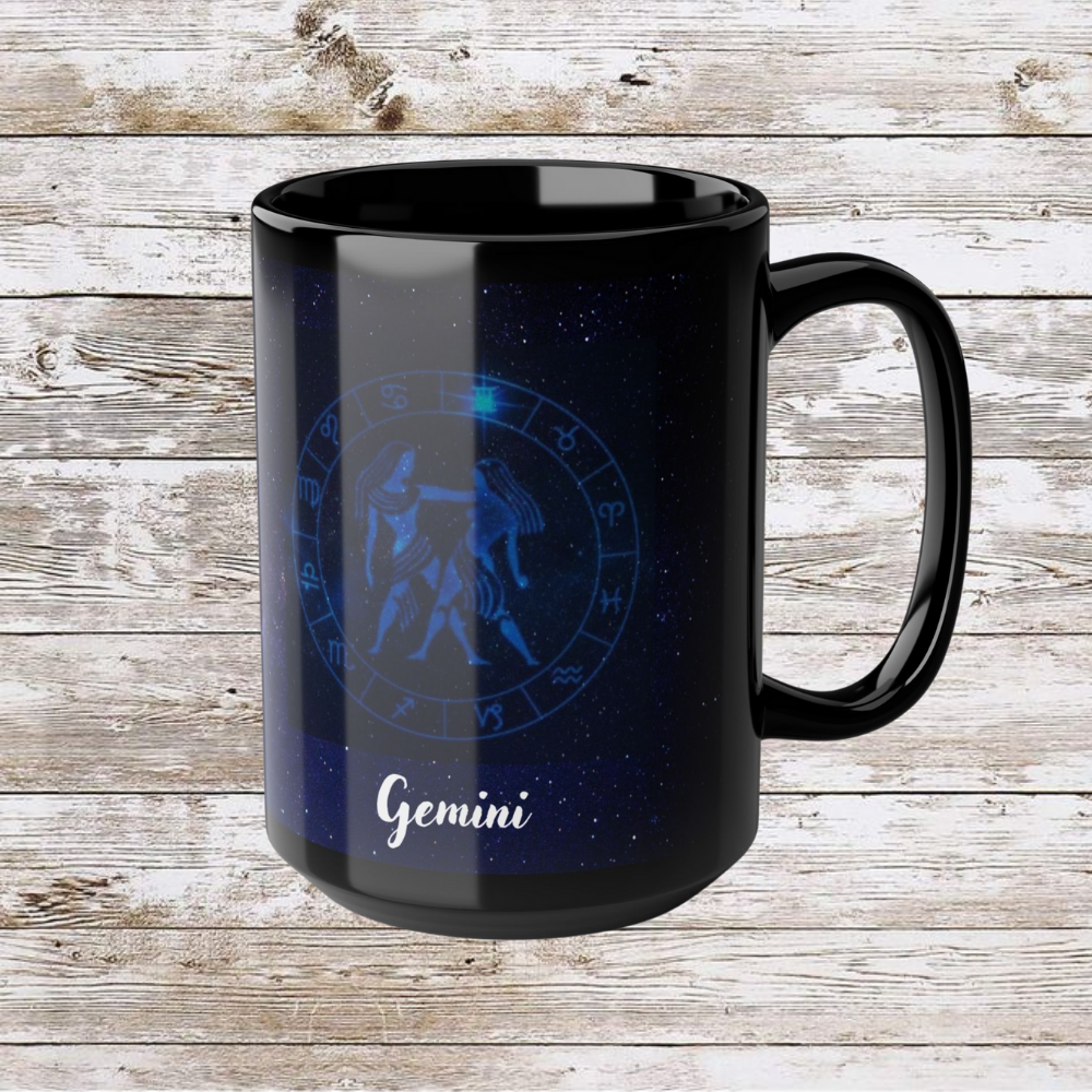 Gemini Zodiac Sign Astrology Mug, Reflection Gratitude Growth Black 15oz Cup, Astrology Gift, Lunar New Year Mug, Zodiac Mug, Coffee