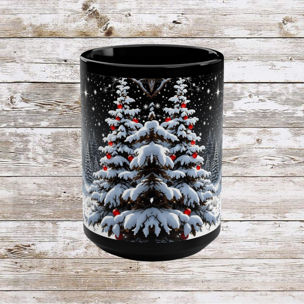 Winter Christmas Tree Black Mug - Coffee Cup, Tea Cup, Unique Holiday Gift, Ceramic Cup, 15oz Mug