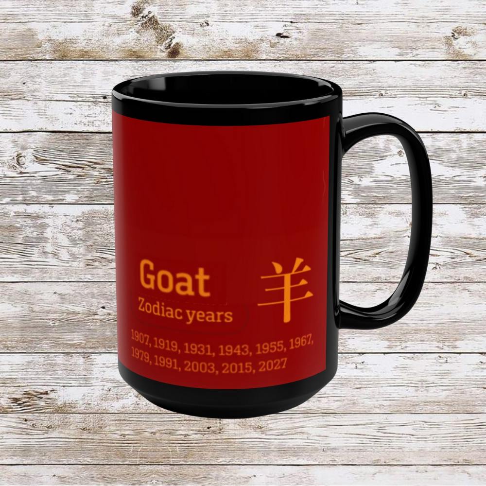 Chinese Zodiac Goat Coffee Mug, Reflection Gratitude Growth Black 15oz Cup, Astrology Gift, Lunar New Year Mug, Zodiac Animal Mug, Gift for