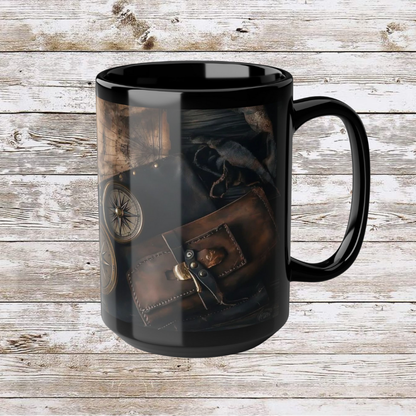 Compass and Pouch Black Mug, Thanksgiving Ceramic Cup, Cozy Home Gift, Seasonal Drinkware, Large Tea Mug, Black Coffee Cup