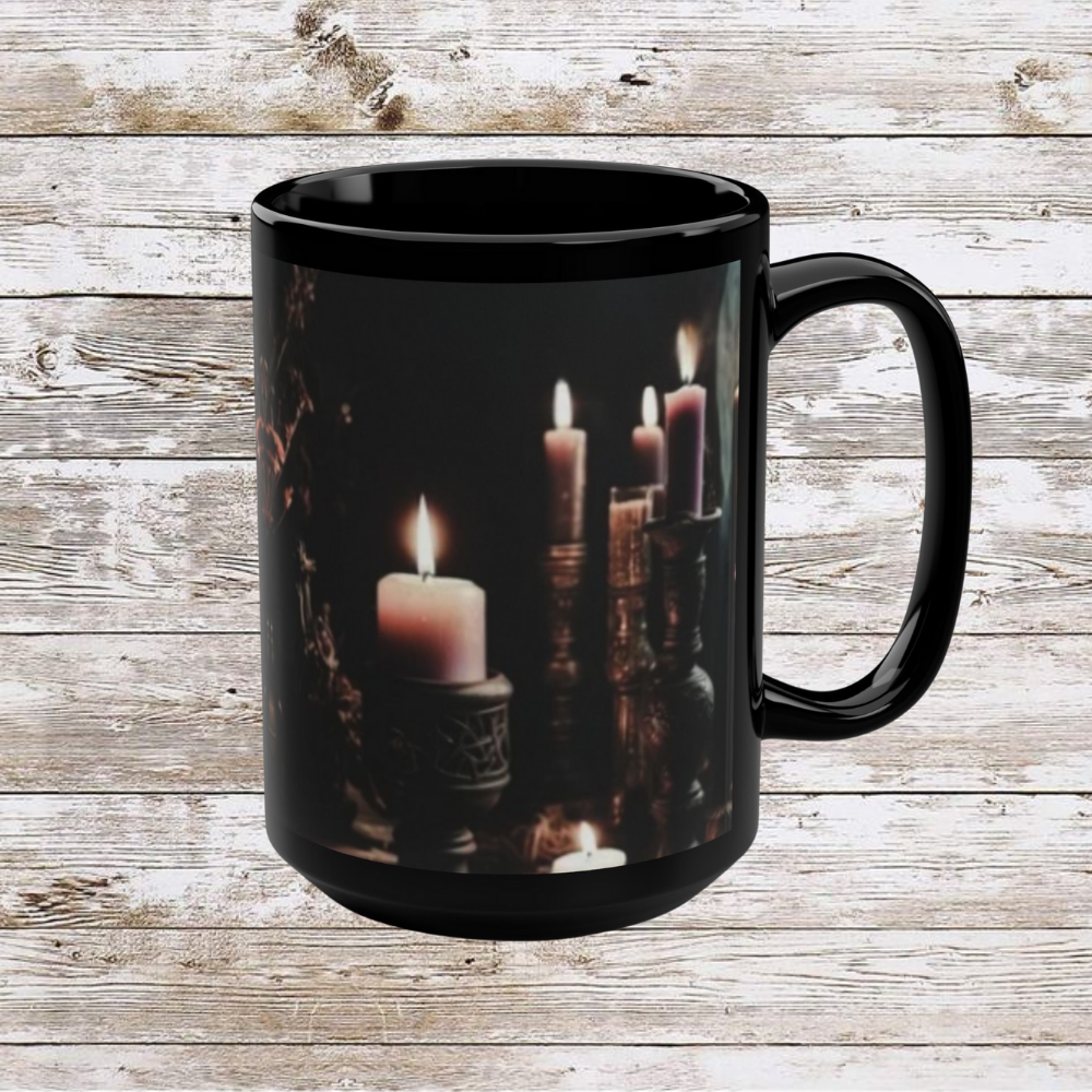 Dark Candles Coffee Mug, Ceramic Tea Cup, Hot Drinkware, Unique Gift Idea, Kitchen Decor - Black Mug, 15oz