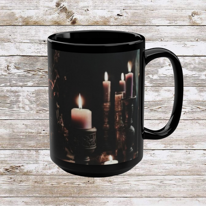 Dark Candles Coffee Mug, Ceramic Tea Cup, Hot Drinkware, Unique Gift Idea, Kitchen Decor - Black Mug, 15oz