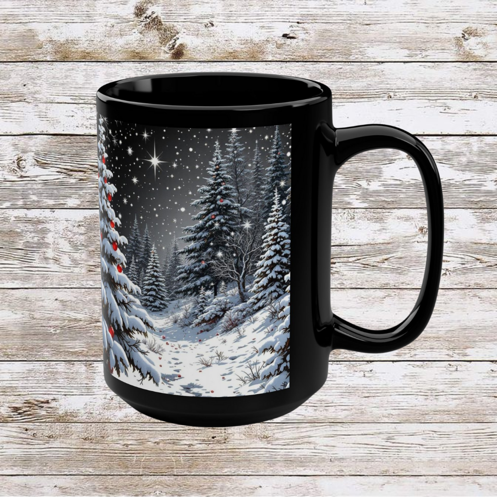 Winter Christmas Tree Black Mug - Coffee Cup, Tea Cup, Unique Holiday Gift, Ceramic Cup, 15oz Mug