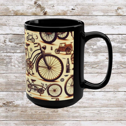 Vintage Biking Theme Black Mug - Coffee Cup, Tea Cup, Ceramic Cup, Unique Holiday Gift, 15oz Mug