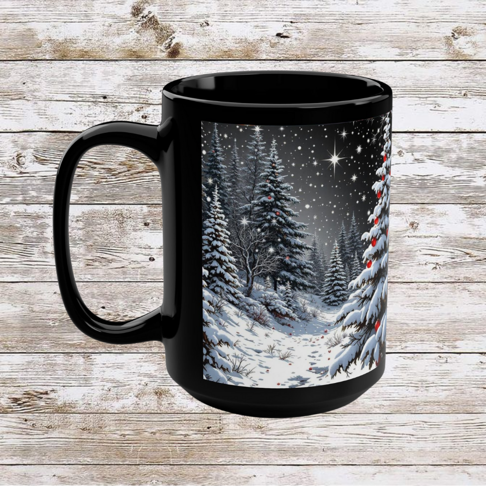 Winter Christmas Tree Black Mug - Coffee Cup, Tea Cup, Unique Holiday Gift, Ceramic Cup, 15oz Mug