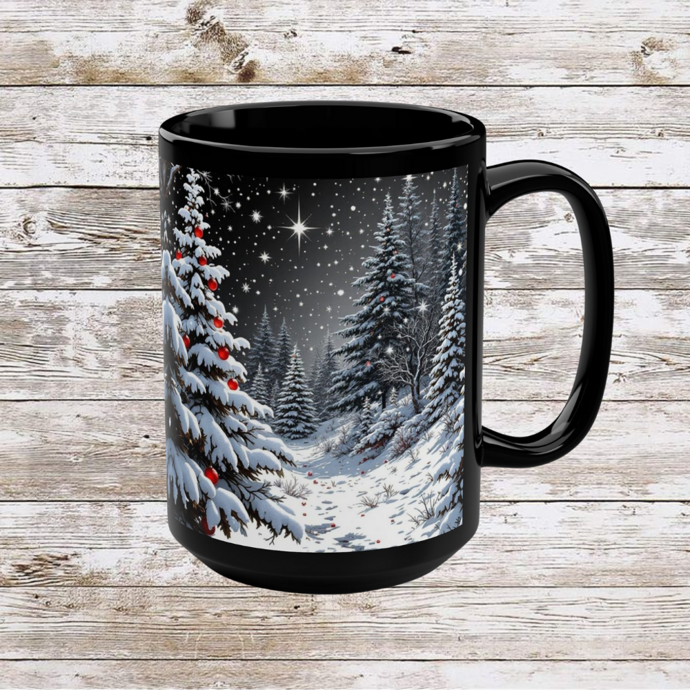 Winter Christmas Tree Black Mug - Coffee Cup, Tea Cup, Unique Holiday Gift, Ceramic Cup, 15oz Mug