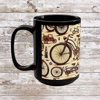 Vintage Biking Theme Black Mug - Coffee Cup, Tea Cup, Ceramic Cup, Unique Holiday Gift, 15oz Mug