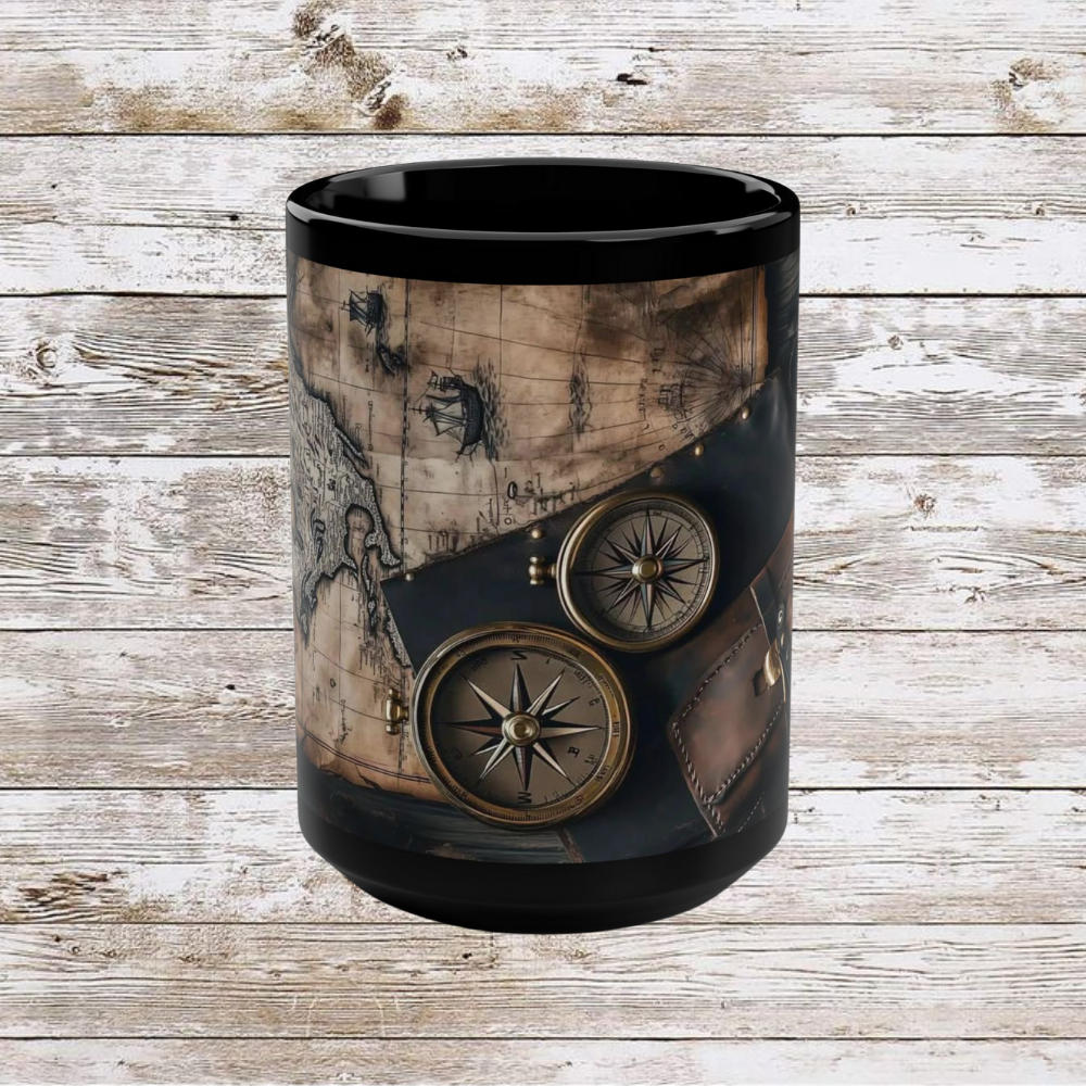 Compass and Pouch Black Mug, Thanksgiving Ceramic Cup, Cozy Home Gift, Seasonal Drinkware, Large Tea Mug, Black Coffee Cup