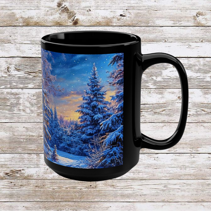Winter Christmas Tree Black Mug - Coffee Cup, Tea Cup, Ceramic Cup, Unique Holiday Gift, 15oz Mug