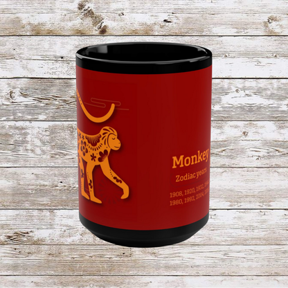 Chinese Zodiac Monkey Coffee Mug, Reflection Gratitude Growth Black 15oz Cup, Astrology Gift, Lunar New Year Mug, Zodiac Animal Mug