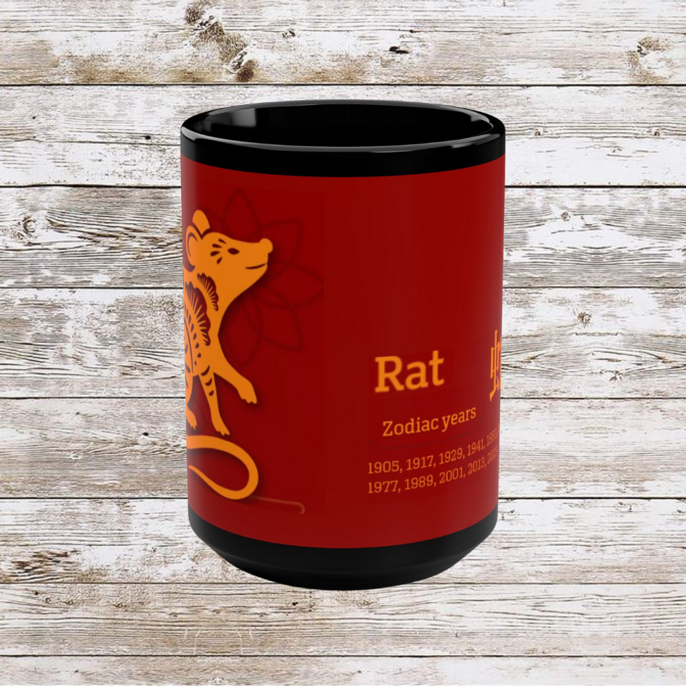 Chinese Zodiac Rat Mug, Reflection Gratitude Growth Black 15oz Cup, Astrology Gift, Lunar New Year Mug, Zodiac Animal Mug, Coffee Cup,