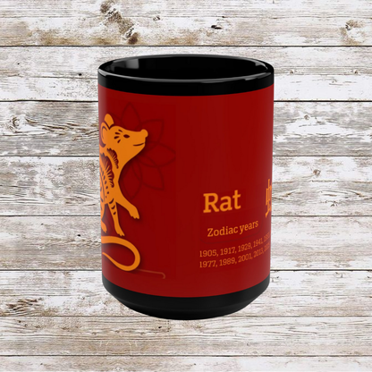 Chinese Zodiac Rat Mug, Reflection Gratitude Growth Black 15oz Cup, Astrology Gift, Lunar New Year Mug, Zodiac Animal Mug, Coffee Cup,