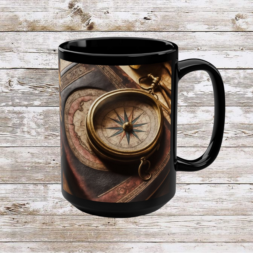 Compass and Book Black Mug, Thanksgiving Ceramic Cup, Cozy Home Gift, Seasonal Drinkware, Large Tea Mug, Black Coffee Cup