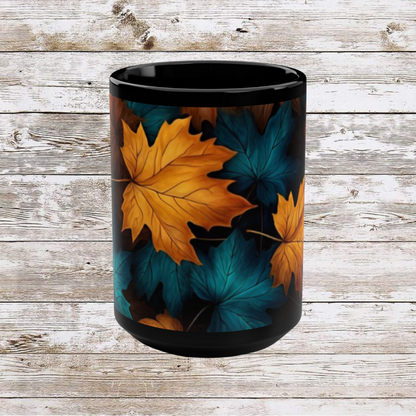 Blue and Orange Leaf Fall Decor Coffee Cup, Cozy Home Gift, Thanksgiving Ceramic 15oz