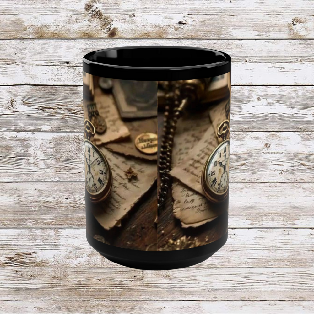 Clock and Papers Design, Thanksgiving Ceramic Cup, Cozy Home Gift, Seasonal Drinkware, Black Coffee Cup, Large Tea Mug