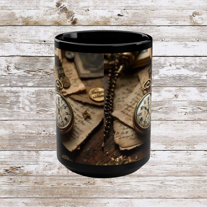 Clock and Papers Design, Thanksgiving Ceramic Cup, Cozy Home Gift, Seasonal Drinkware, Black Coffee Cup, Large Tea Mug
