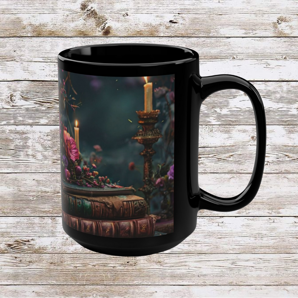Coffee Mug - Candle and Books 15oz Ceramic Drinkware - Coffee Lover Gift Idea